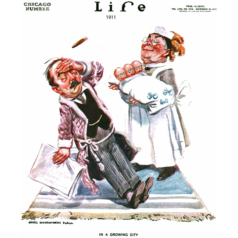 1911 LIFE Magazine cartoon showing father swooning when shown his newborn triplets.
