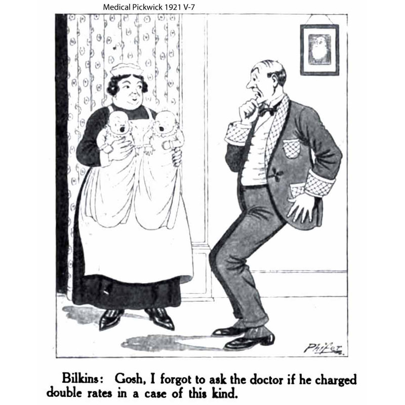 1921 Cartoon-Nurse speaks to surprised father of twins.